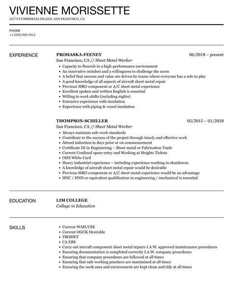 sheet metal process engineer resume|sheet metal worker job description.